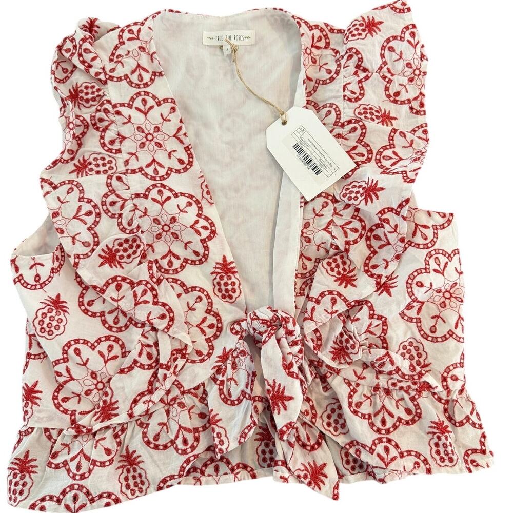 Free The Roses Embroidered Crop Top White Red Floral Tie Front Ruffle NWT Size S